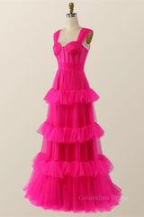 Homecomming Dress Black, Hot Pink Corset Tiered Layers Long Dress