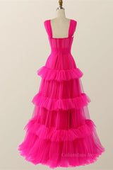 Homecoming Dress Black, Hot Pink Corset Tiered Layers Long Dress