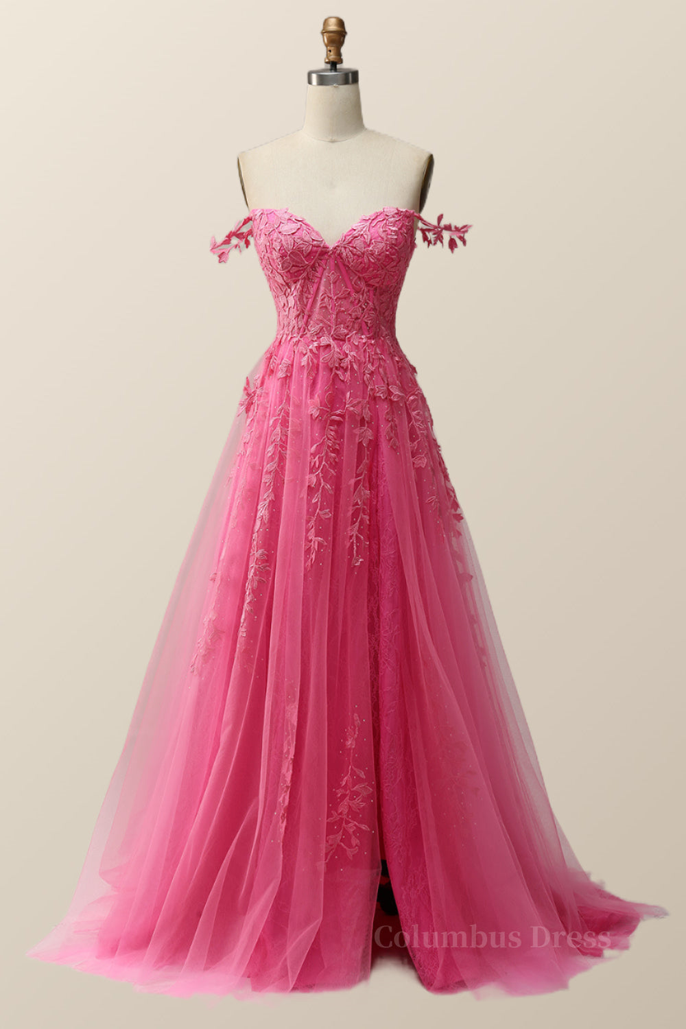 Fancy Outfit, Hot Pink Lace Appliques A-line Long Formal Gown
