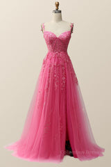 Party Dress Midi With Sleeves, Hot Pink Lace Appliques A-line Long Formal Gown