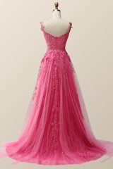 Strapless Prom Dress, Hot Pink Lace Appliques A-line Long Formal Gown