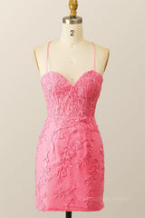 Bridesmaid Dress Long Sleeves, Hot Pink Lace Bodycon Mini Dress