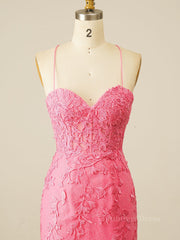 Bridesmaids Dresses Winter Wedding, Hot Pink Lace Bodycon Mini Dress