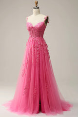 Bridesmaid Dresses Fall Colors, Hot Pink Lace Long Prom Dress, Spaghetti Strap Evening Dress Party Dress