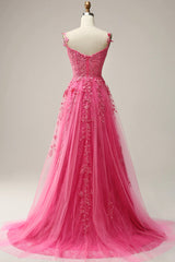 Bridesmaids Dresses Fall Colors, Hot Pink Lace Long Prom Dress, Spaghetti Strap Evening Dress Party Dress