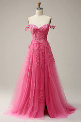 Bridesmaids Dresses Fall Wedding, Hot Pink Lace Long Prom Dress, Spaghetti Strap Evening Dress Party Dress