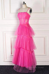 Formal Dresses For Weddings Mothers, Hot Pink Long Tulle Prom Dresses, Hot Pink Long Tulle Formal Evening Dresses