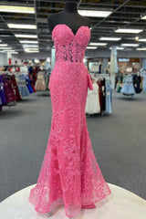 Formal Dresses Royal Blue, Hot Pink Mermaid Lace Prom Dresses, Hot Pink Mermaid Lace Formal Evening Dresses