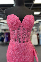 Formal Dresses Midi, Hot Pink Mermaid Lace Prom Dresses, Hot Pink Mermaid Lace Formal Evening Dresses