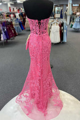 Formal Dresses Over 43, Hot Pink Mermaid Lace Prom Dresses, Hot Pink Mermaid Lace Formal Evening Dresses