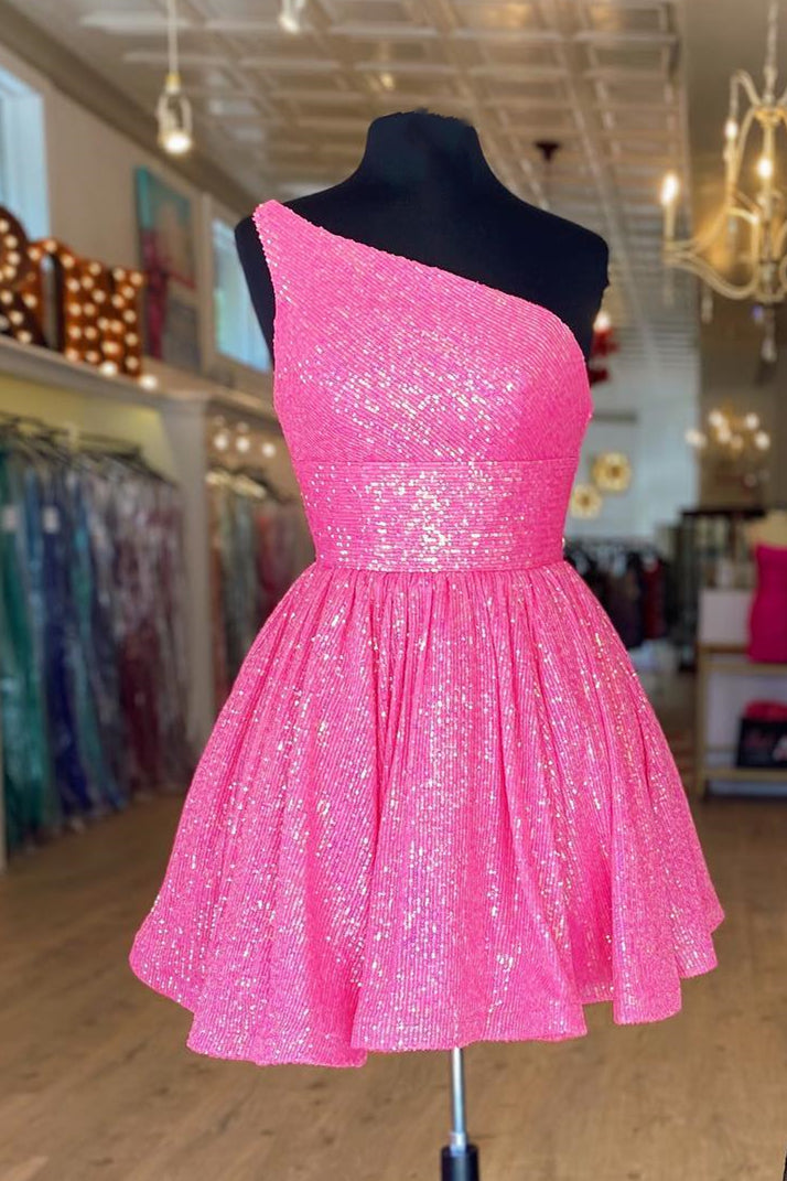 Homecoming Dress Sparkle, Hot Pink One Shoulder A Line Short Homecoming Dress Sequins