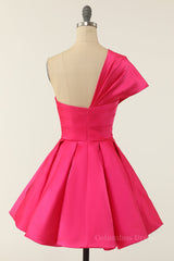 Bridesmaid Dresses 3 8 Length, Hot Pink One Shoulder Short A-line Party Dress