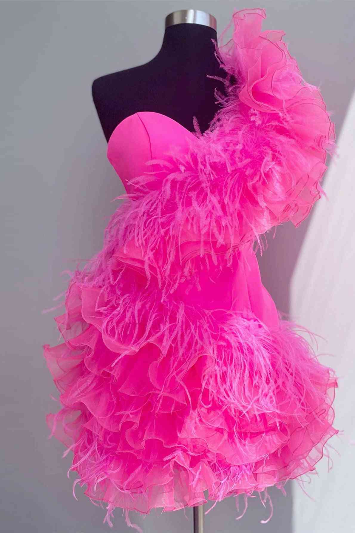 Bridesmaids Dresses Under 113, Hot Pink Ruffled Short Homecoming Dress with Feathers