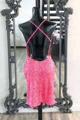 Homecoming Dress Black Girl, Hot Pink Sequins Boydcon Mini Party Dress Club Dress