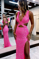 Hot Pink Sequins Hollow-Out Mermaid Prom Dress