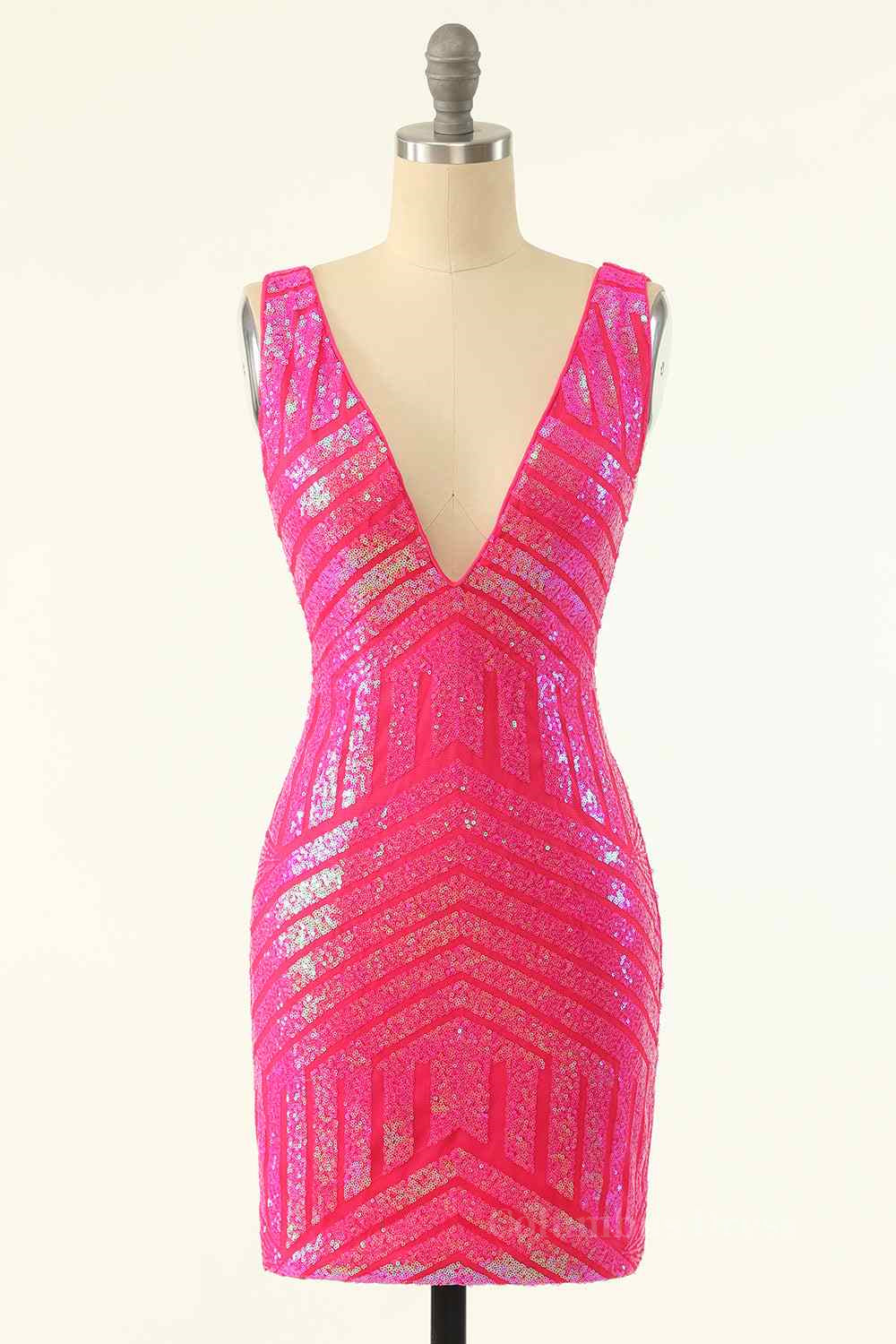 Formal Dress Websites, Hot Pink Sheath V Neck Sequin-Embroidered Mini Homecoming Dress