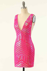 Formal Dress Website, Hot Pink Sheath V Neck Sequin-Embroidered Mini Homecoming Dress