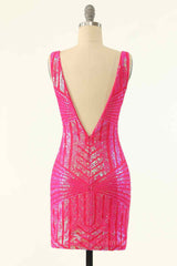 Formal Dresses Website, Hot Pink Sheath V Neck Sequin-Embroidered Mini Homecoming Dress