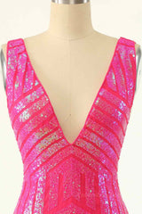 Formal Dresses Websites, Hot Pink Sheath V Neck Sequin-Embroidered Mini Homecoming Dress