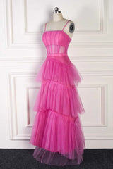 Party Dress After Wedding, Hot Pink Spaghetti Straps A-Line Tulle Tiered Long Party Dress