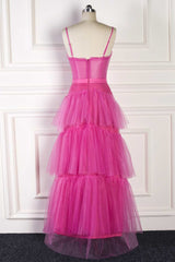 Party Dresses Classy Christmas, Hot Pink Spaghetti Straps A-Line Tulle Tiered Long Party Dress