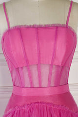 Party Dress Classy Christmas, Hot Pink Spaghetti Straps A-Line Tulle Tiered Long Party Dress