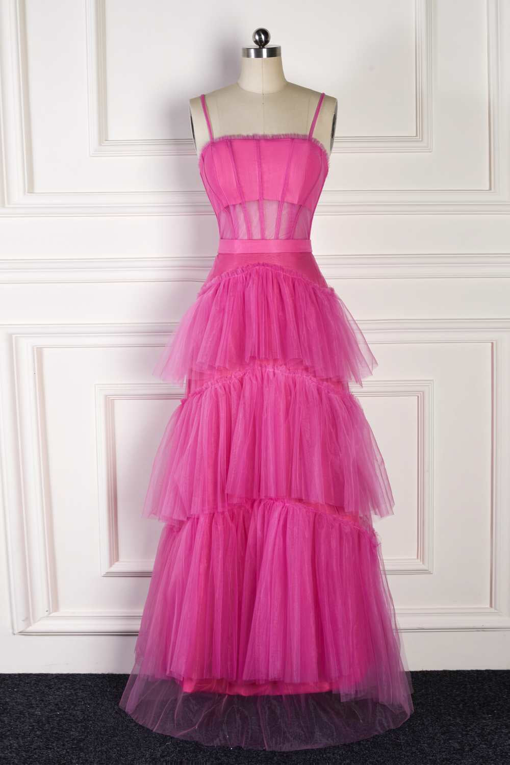 Party Dresses Christmas, Hot Pink Spaghetti Straps A-Line Tulle Tiered Long Party Dress