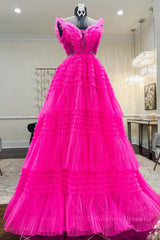 Formal Dress For Wedding Party, Hot Pink Tulle Long Prom Dresses, Hot Pink Long Formal Graduation Dresses