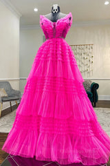 Formal Dress Floral, Hot Pink Tulle Long Prom Dresses, Hot Pink Long Formal Graduation Dresses
