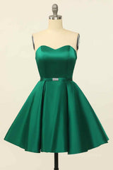 Party Dress Modest, Hunter Green A-line Strapless Satin Mini Homecoming Dress with Beaded Sash