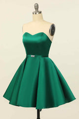 Party Dress Couple, Hunter Green A-line Strapless Satin Mini Homecoming Dress with Beaded Sash