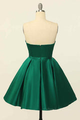 Winter Dress, Hunter Green A-line Strapless Satin Mini Homecoming Dress with Beaded Sash