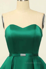 Party Dress Pattern Free, Hunter Green A-line Strapless Satin Mini Homecoming Dress with Beaded Sash