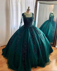 Bridesmaids Dresses Long, Hunter Green Ball Gown Prom Dresses Long Sleeves