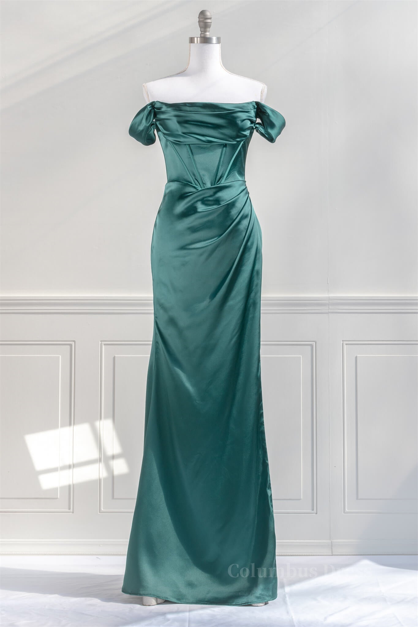 Prom Dress Guide, Hunter Green Off-the-Shoulder Satin Mermaid Long Prom Dress with Slit