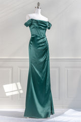 Prom Dress Ideas 2026, Hunter Green Off-the-Shoulder Satin Mermaid Long Prom Dress with Slit