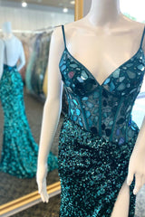 Party Dresses Shopping, Hunter Green Sequin Cut Glass Mirror Long Prom Dress with Slit