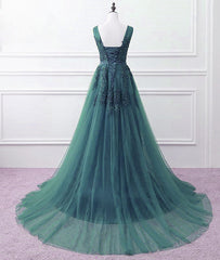 Boho Wedding, Hunter Green Tulle V-neckline Long Party Dress, Dark Green A-line Prom Dress