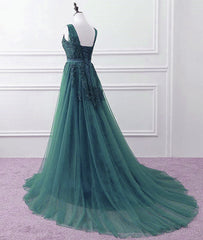 Bridesmaids Dress Peach, Hunter Green Tulle V-neckline Long Party Dress, Dark Green A-line Prom Dress