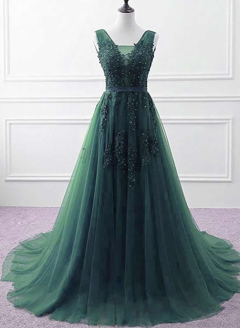 Mother Of The Bride Dress, Hunter Green Tulle V-neckline Long Party Dress, Dark Green A-line Prom Dress