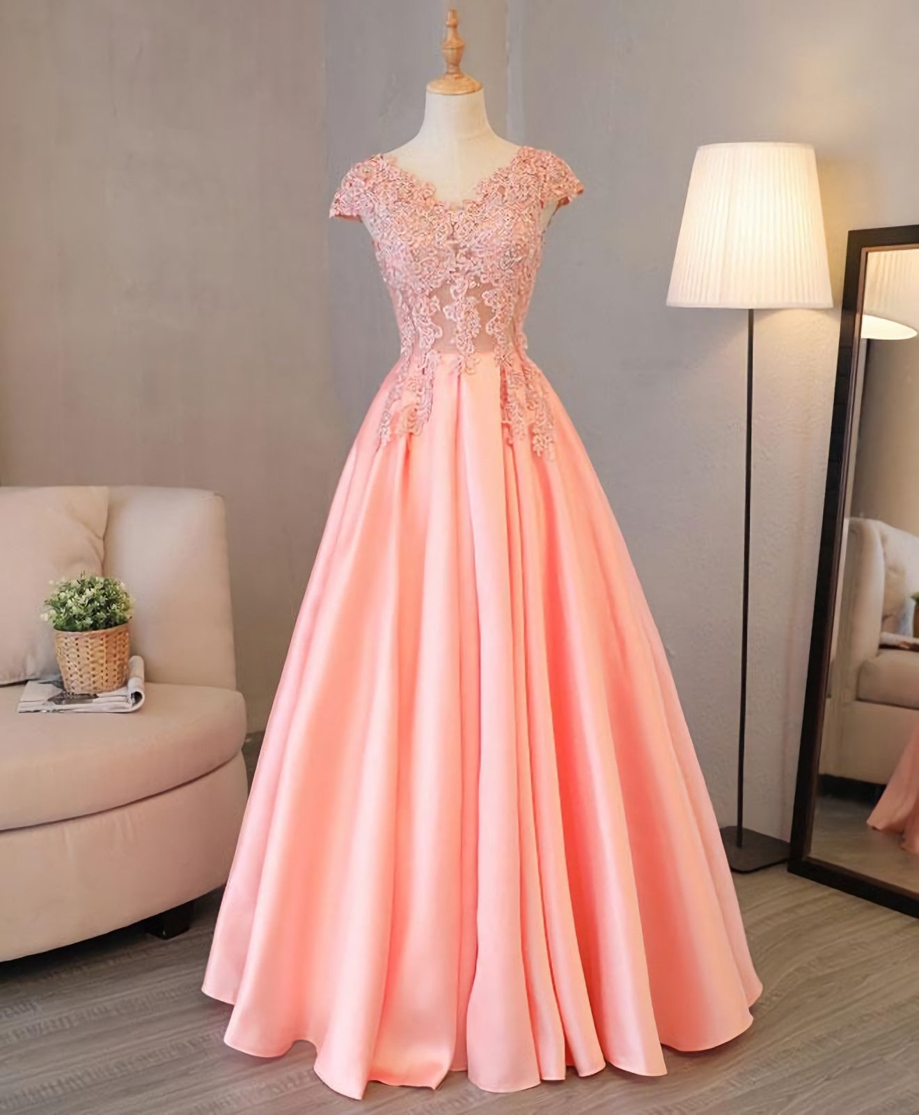 Formal Dress Long Sleeved, Custom Made V Neck Lace Long Prom Dress, Lace Evening Dress