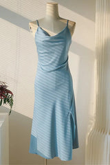 Princess Prom Dress, Ice Blue Cowl Neck Mid-Calf Length Bridesmaid Dress