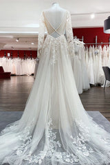 Wedding Dress Color, Ivory A-line Tulle Long Sleeves Lace Appliques Open Back Wedding Dresses