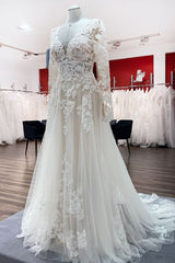 Wedding Dress Colors, Ivory A-line Tulle Long Sleeves Lace Appliques Open Back Wedding Dresses