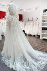 Wedding Dress Colored, Ivory A-line Tulle Long Sleeves Lace Appliques Open Back Wedding Dresses