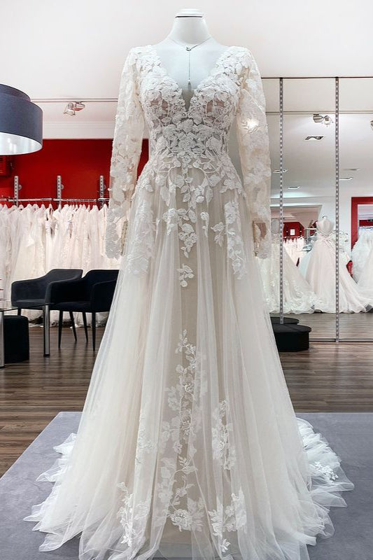 Wedding Dress Hire, Ivory A-line Tulle Long Sleeves Lace Appliques Open Back Wedding Dresses