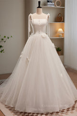 Wedding Dress Ideas, Ivory Bow Tie Shoulder Pearl Bows Tulle Long Wedding Dress