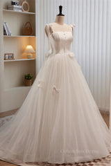 Wedding Dresses Lace, Ivory Bow Tie Shoulder Pearl Bows Tulle Long Wedding Dress