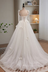 Wedding Dresses Vintage, Ivory Bow Tie Shoulder Pearl Bows Tulle Long Wedding Dress