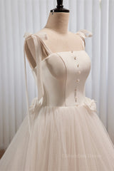 Wedding Dress Styles, Ivory Bow Tie Shoulder Pearl Bows Tulle Long Wedding Dress